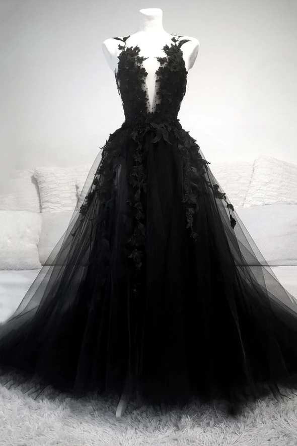 Black V Neck Lace Long Prom Dress A Line Prom Dresses