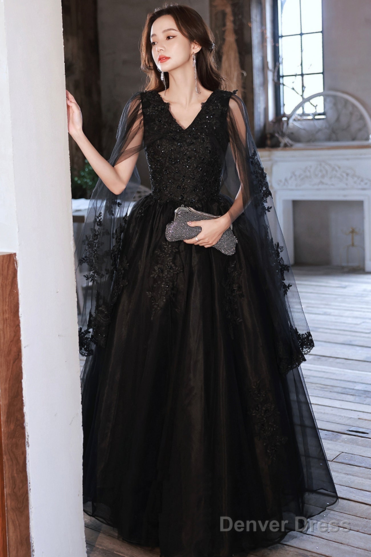 Black V-Neck Lace Long Prom Dress, Black A-Line Evening Party Dress Secondary image