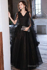 Black V-Neck Lace Long Prom Dress, Black A-Line Evening Party Dress