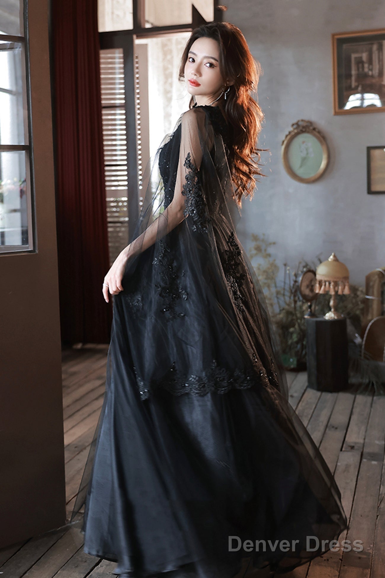 Black V-Neck Lace Long Prom Dress, Black A-Line Evening Party Dress