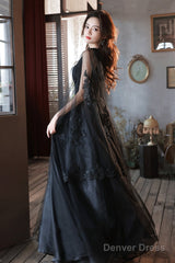 Black V-Neck Lace Long Prom Dress, Black A-Line Evening Party Dress