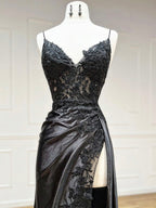 Black V Neck Lace Satin Long Prom Dresses, Black Formal Evening Dresses
