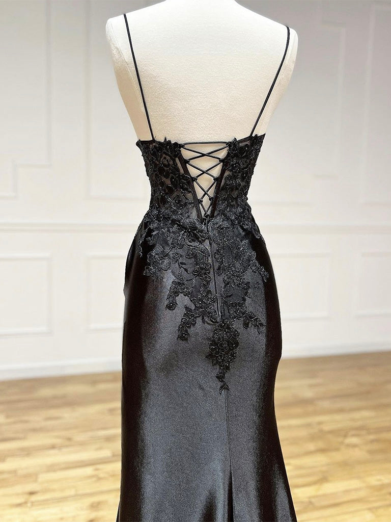 Black V Neck Lace Satin Long Prom Dresses, Black Formal Evening Dresses