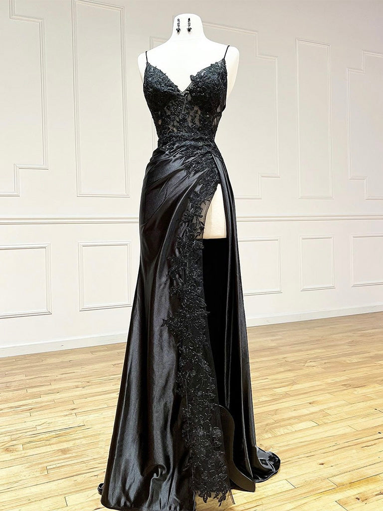Black V Neck Lace Satin Long Prom Dresses, Black Formal Evening Dresses Main image