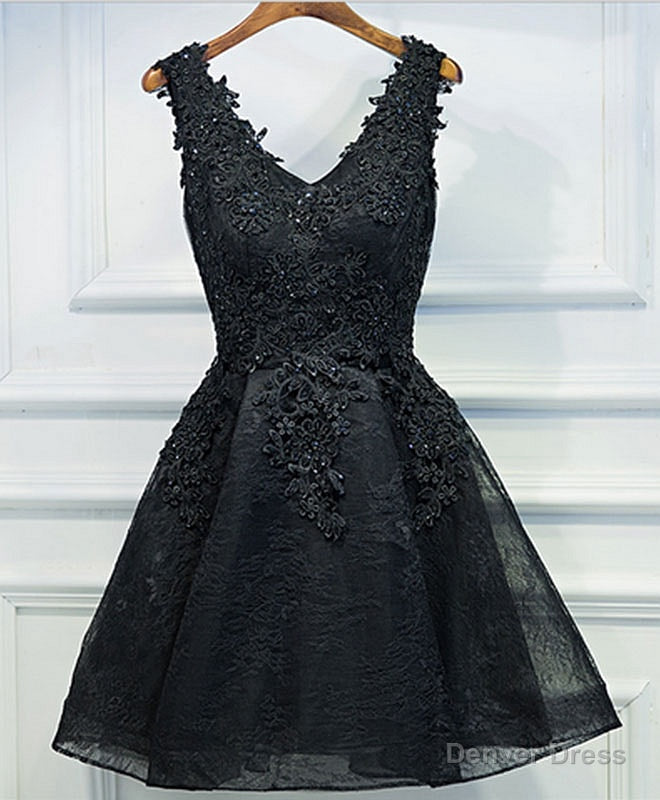 Black V Neck Lace Short Prom Dress, Black Cute Homecoming Dresses Secondary image