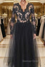 Black v neck lace tulle long Prom Dress black lace prom Dresses