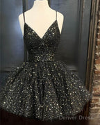 Black V Neck Ruffles Starry Homecoming Dresses