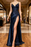 Dark Blue V Neck Satin Lace Long Prom Dress, Dark Blue Lace Long Prom Dresses