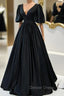 Black V Neck Satin Long Prom Dress, A Line Short Sleeve Prom Dresses