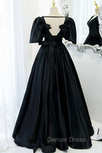 Black V Neck Satin Long Prom Dress, A Line Short Sleeve Prom Dresses
