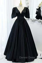 Black V Neck Satin Long Prom Dress, A Line Short Sleeve Prom Dresses