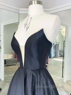 Black v neck satin long prom Dress, black Prom Dresses