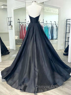 Black v neck satin long prom Dress, black Prom Dresses