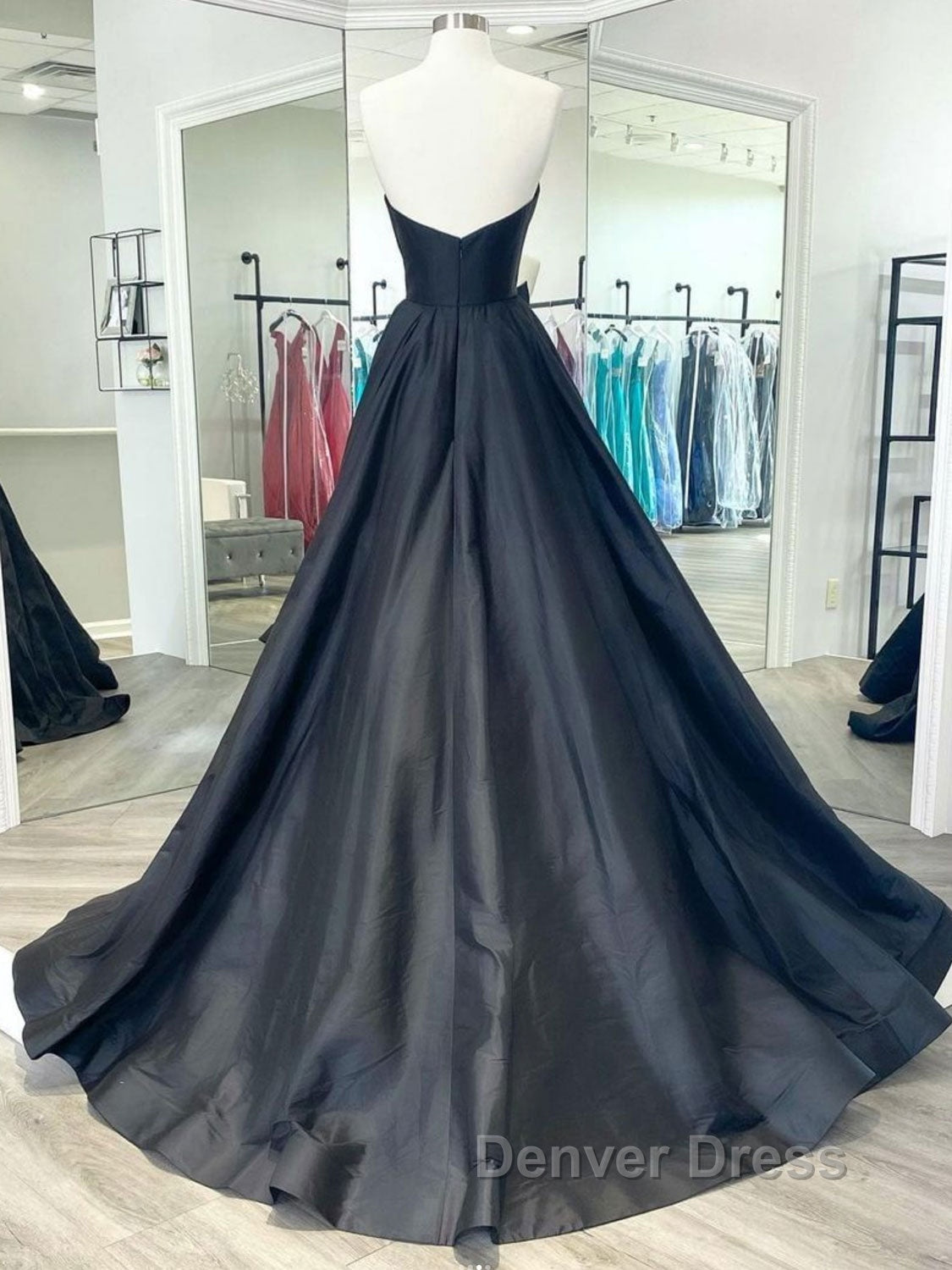 Black v neck satin long prom Dress, black Prom Dresses