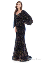 V Neck Sequins Mermaid Prom Dresses with Sleeves