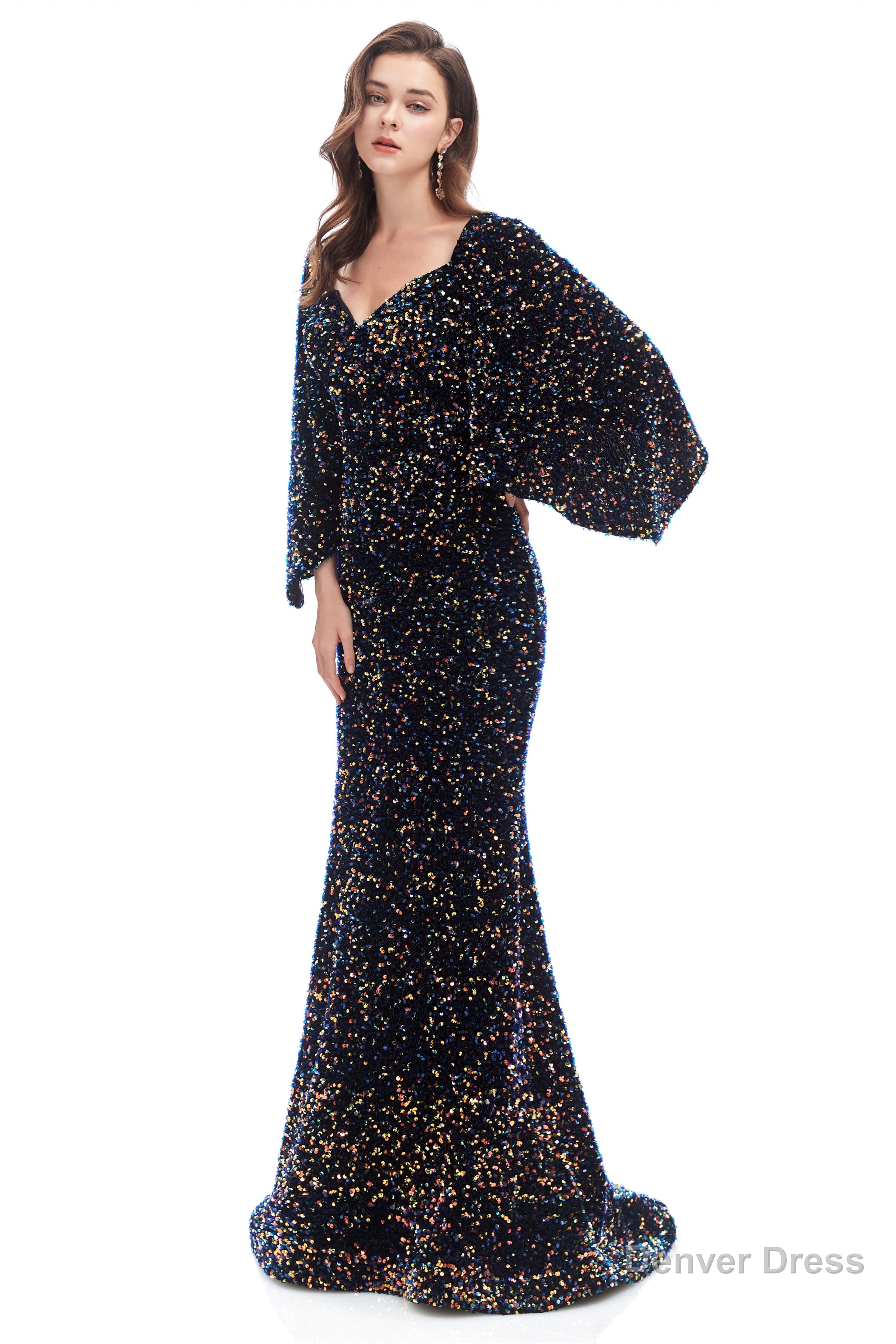 V Neck Sequins Mermaid Prom Dresses with Sleeves