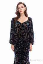 V Neck Sequins Mermaid Prom Dresses with Sleeves