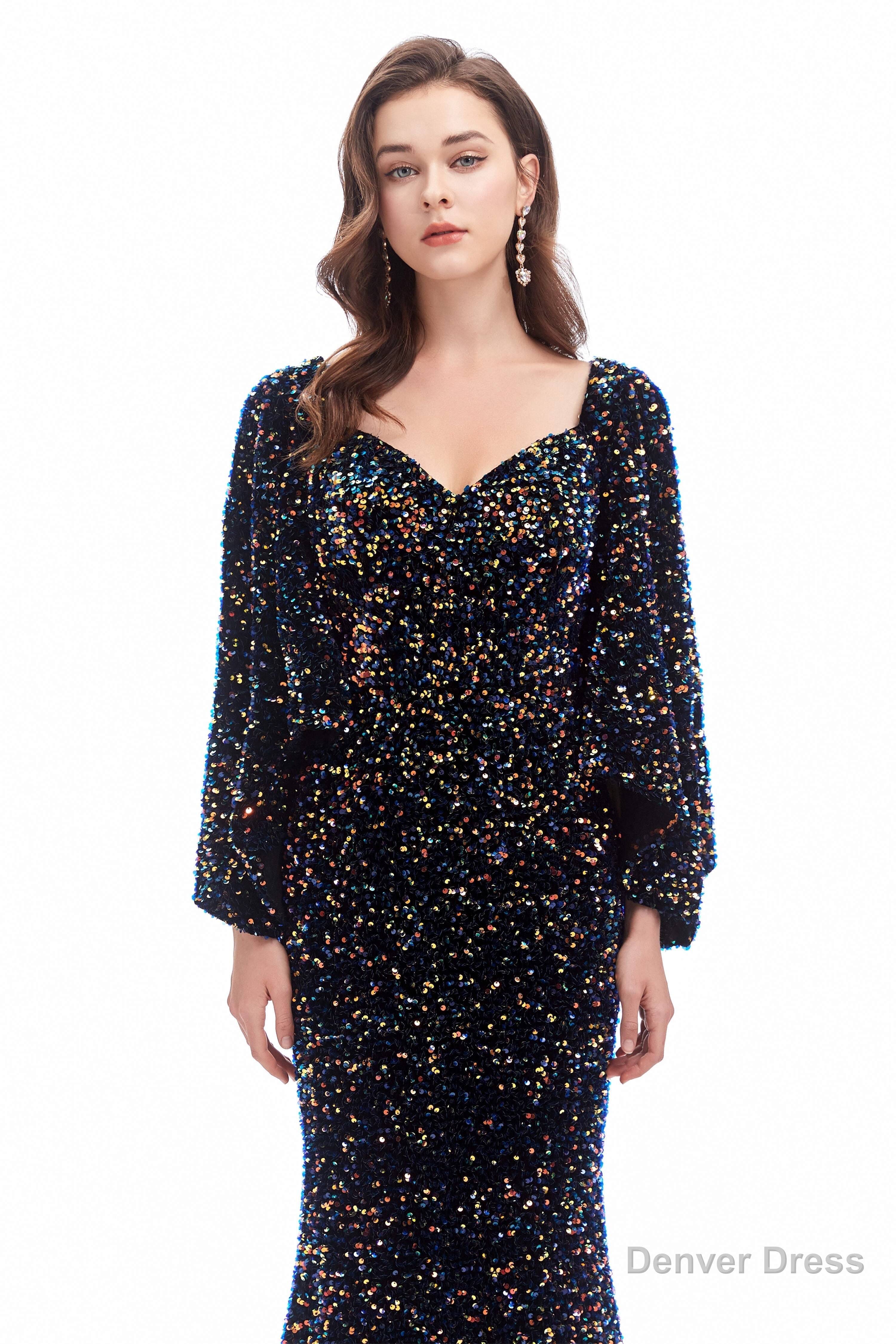 V Neck Sequins Mermaid Prom Dresses with Sleeves
