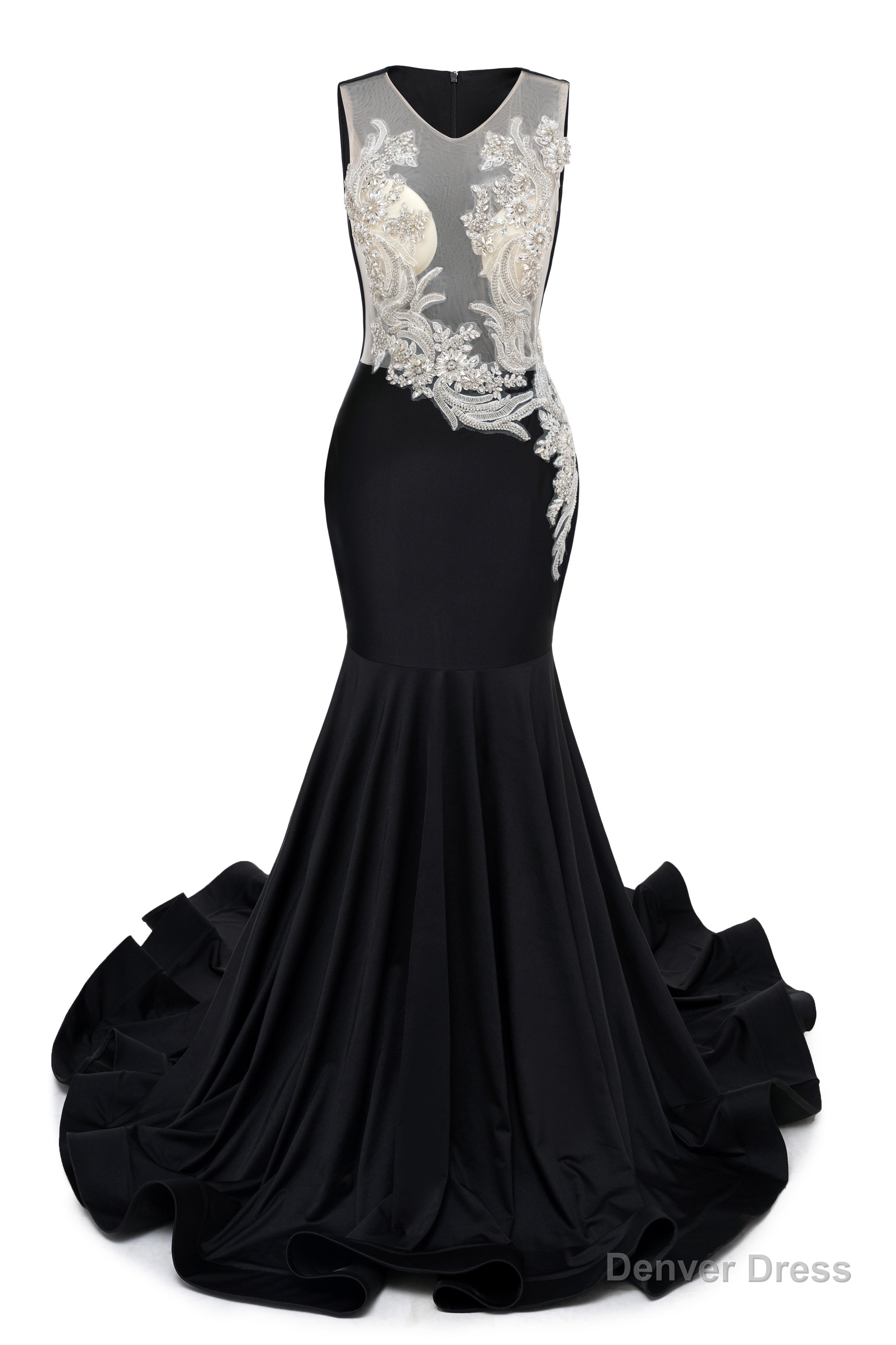 Black V-Neck Sheer Corset Prom Dresses Beaded Mermaid Long Train Evening Gowns