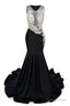 Black V-Neck Sheer Corset Prom Dresses Beaded Mermaid Long Train Evening Gowns