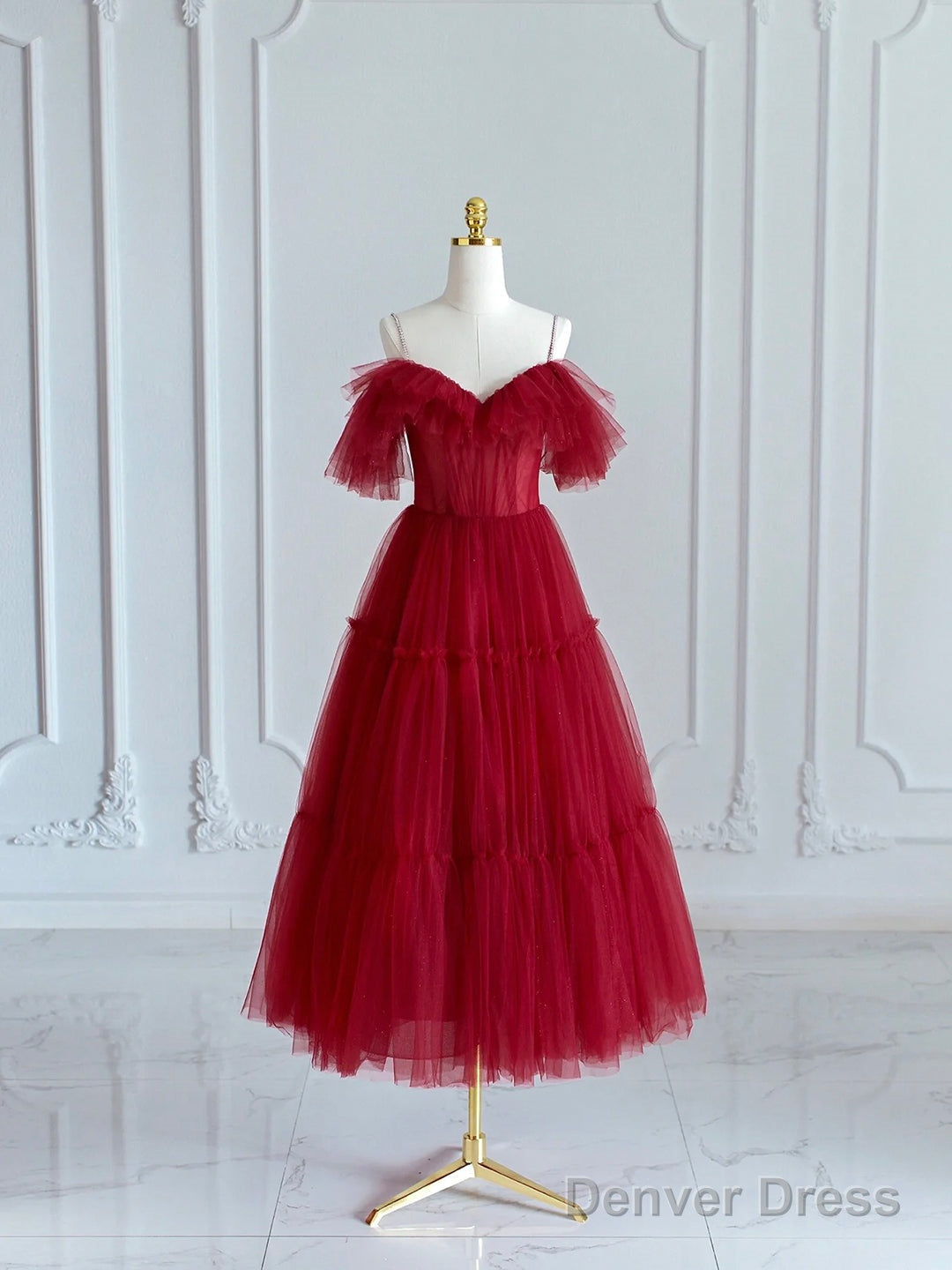 Black V-Neck Spaghetti Strap Tea Length Prom Dress, Cute A-Line Evening Party Dress