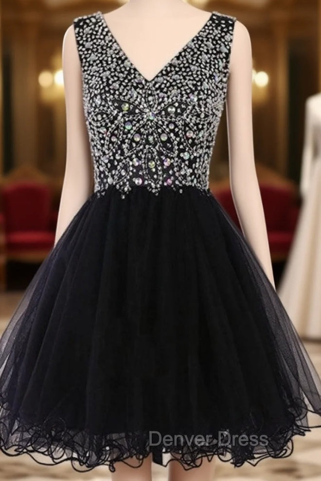 Black V Neck Tulle Beading Crystal Short Homecoming Dresses Main image