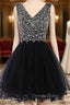Black V Neck Tulle Beading Crystal Short Homecoming Dresses