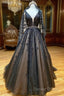 Black V Neck Tulle Lace Beads Long Prom Dresses Black Evening Dresses