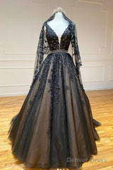 Black V Neck Tulle Lace Beads Long Prom Dress Black Evening Dress