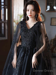 Black V Neck Tulle Lace Long Prom Dresses, Black Lace Formal Evening Dresses