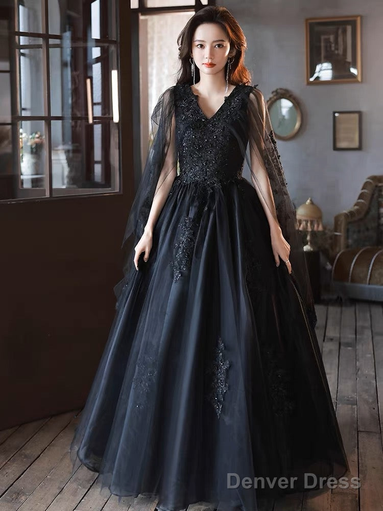 Black V Neck Tulle Lace Long Prom Dresses, Black Lace Formal Evening Dresses Main image