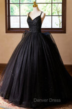 Black V Neck Tulle Lace Prom Dress, Gorgeous A Line Prom Dresses