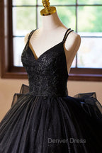 Black V Neck Tulle Lace Prom Dress, Gorgeous A Line Prom Dresses