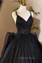 Black V-Neck Tulle Lace Prom Dresses, Gorgeous A-Line Evening Party Dresses