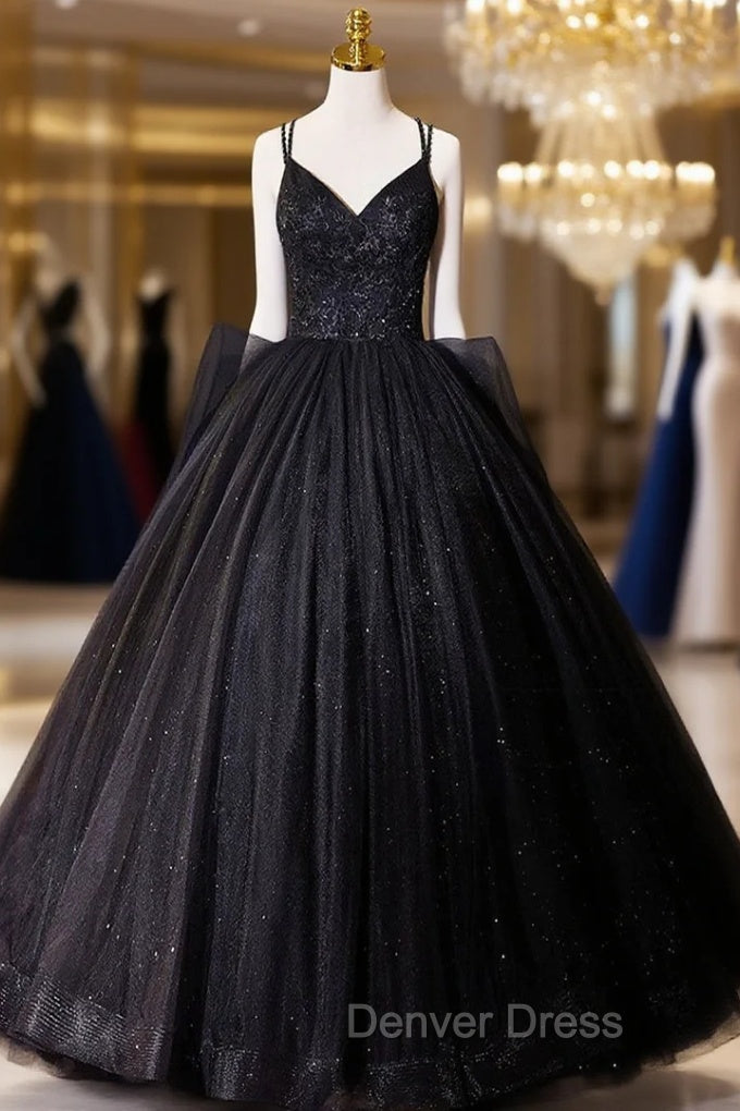 Black V-Neck Tulle Lace Prom Dresses, Gorgeous A-Line Evening Party Dresses Main image