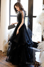 Black V-Neck Tulle Layers Long Formal Dress, A-Line Black Party Dress