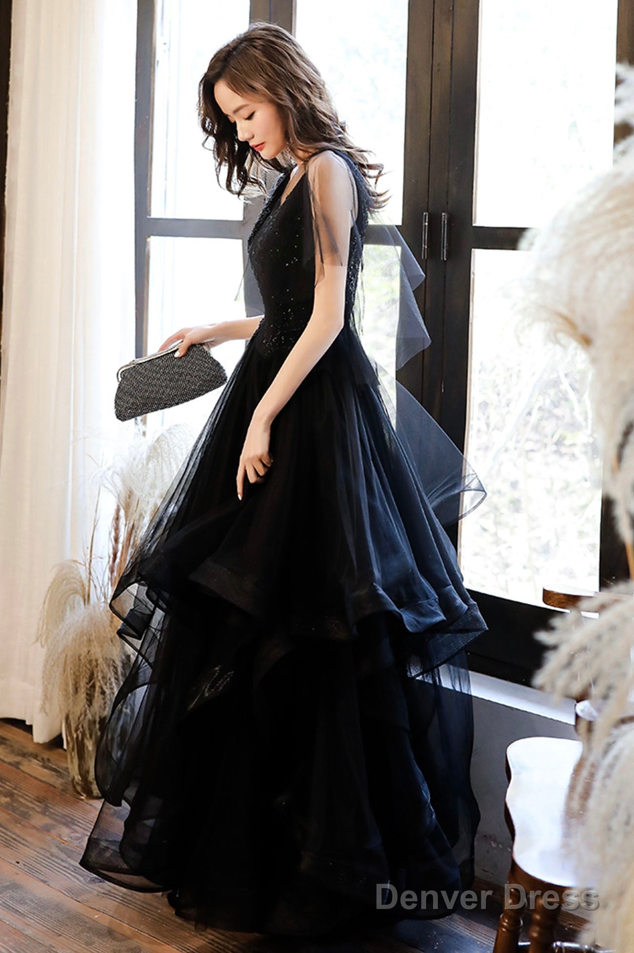 Black V-Neck Tulle Layers Long Formal Dress, A-Line Black Party Dress