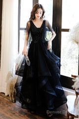 Black V-Neck Tulle Layers Long Formal Dress, A-Line Black Party Dress