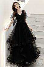 Black V-Neck Tulle Layers Long Prom Dress, A-Line Black Prom Dresses