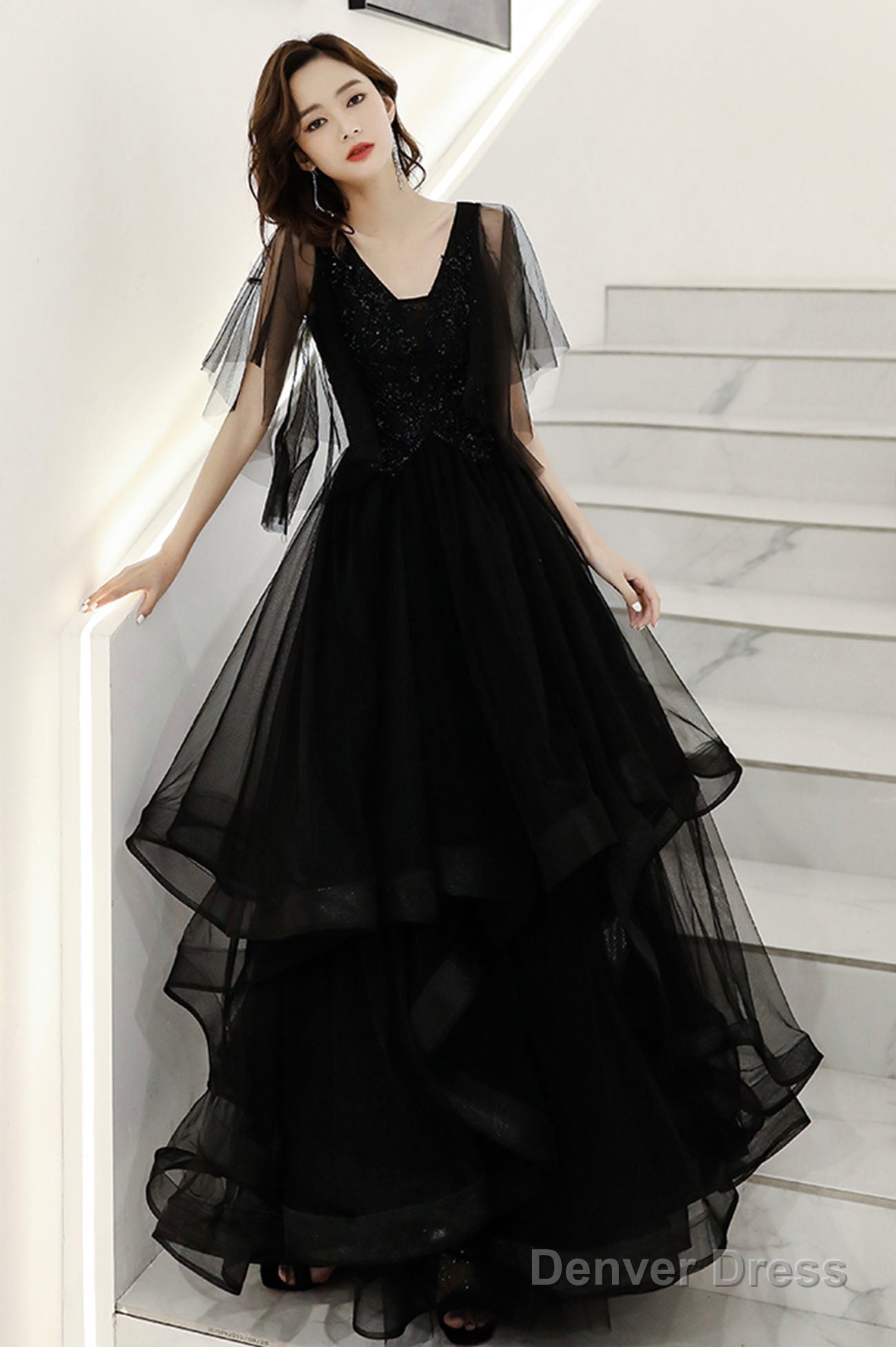 Black V-Neck Tulle Layers Long Prom Dress, A-Line Black Prom Dresses