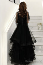 Black V-Neck Tulle Layers Long Prom Dress, A-Line Black Prom Dresses