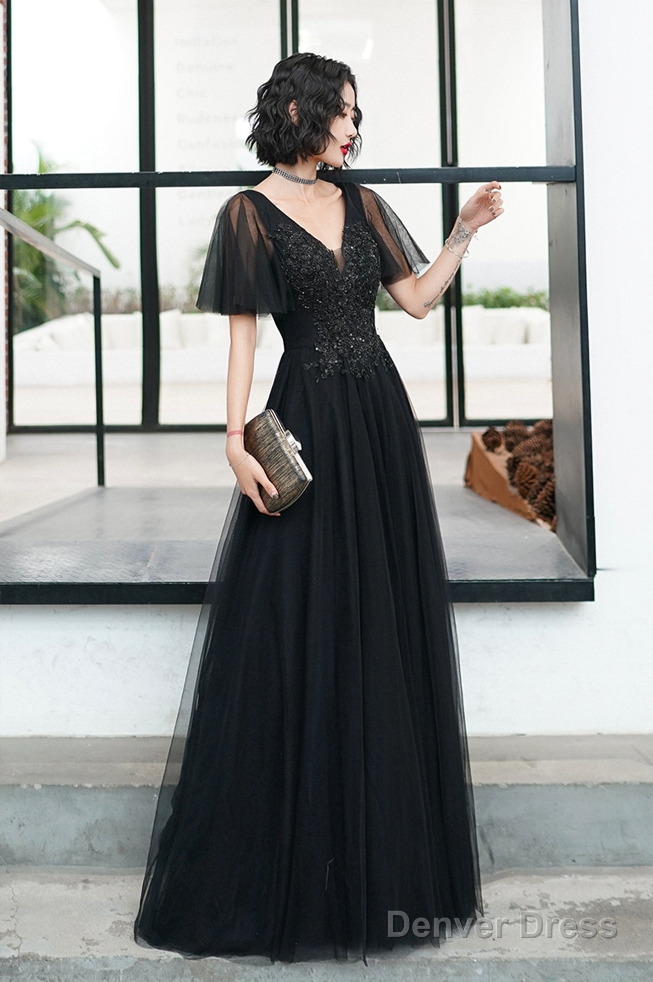 Black V-Neck Tulle Long Prom Dress, Black A-Line Formal Evening Dress Secondary image