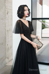 Black V-Neck Tulle Long Prom Dress, Black A-Line Formal Evening Dress