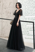 Black V-Neck Tulle Long Prom Dress, Black A-Line Formal Evening Dress