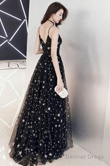 Black V Neck Tulle Long Prom Dress, Black Evening Dress
