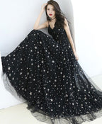 Black V Neck Tulle Long Prom Dress, Black Evening Dress