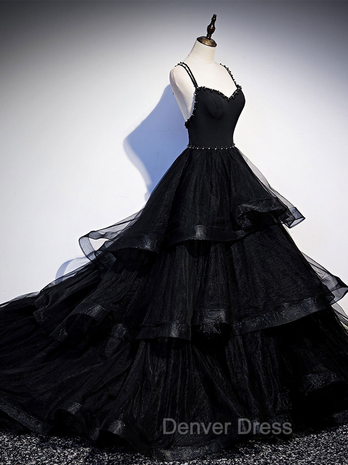 Black V Neck Tulle Long Prom Dresses, Black Formal Graduation Dresses with Beading Secondary image
