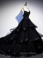 Black V Neck Tulle Long Prom Dresses, Black Formal Graduation Dresses with Beading