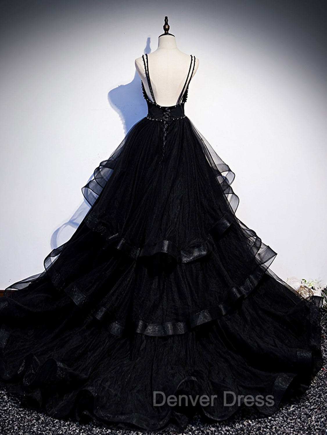 Black V Neck Tulle Long Prom Dresses, Black Formal Graduation Dresses with Beading