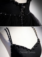 Black V Neck Tulle Long Prom Dresses, Black Formal Graduation Dresses with Beading